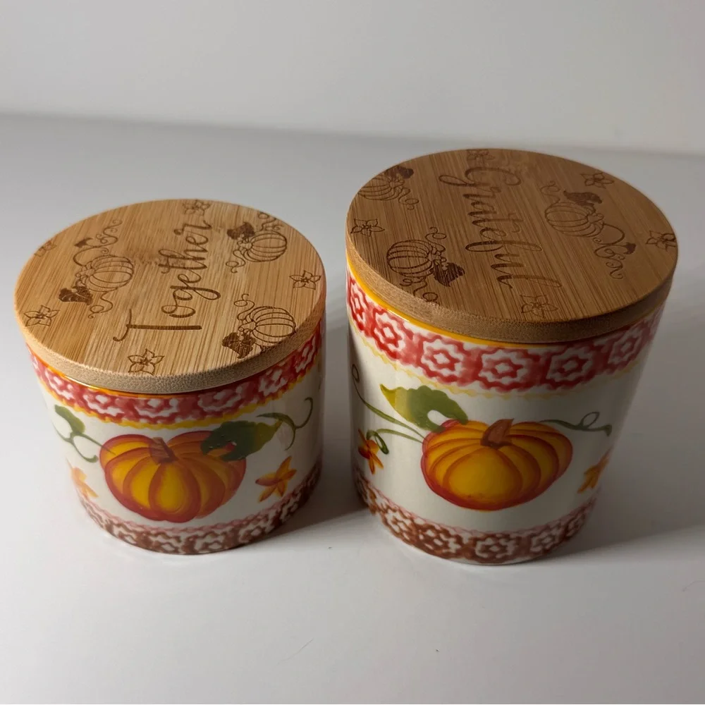 Temptations Pumpkin Ceramic Canisters Jars & Bamboo Lids Grateful & Together